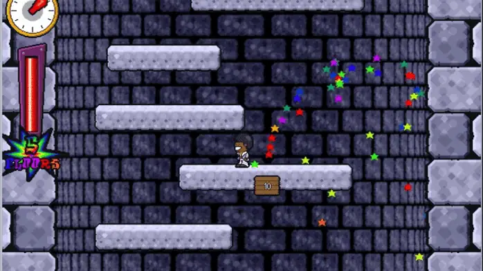 لقطة شاشة للعبة Icy Tower على الكمبيوتر الشخصي، تظهر فيها شخصية تقفز بين منصات جليدية في بيئة ملونة ومتعددة البكسلات.