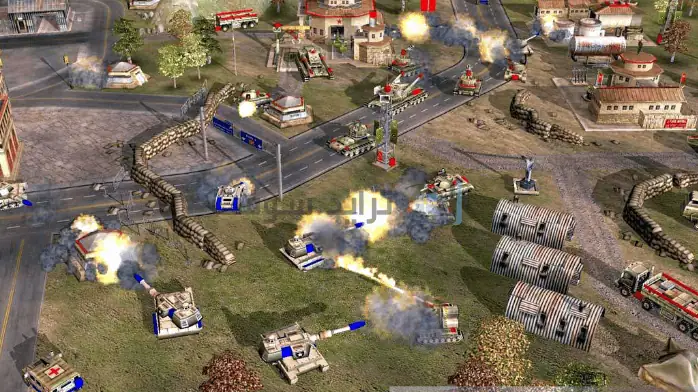 فن الغلاف للعبة Generals Zero Hour للكمبيوتر الشخصي، يظهر المركبات العسكرية والجنود في مشهد معركة مكثف.