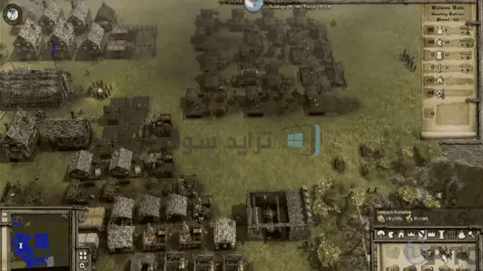 لقطة تحميل لعبة صلاح الدين 3، تعرض بناء القلعة في العصور الوسطى وعناصر الحرب الاستراتيجية على جهاز الكمبيوتر.