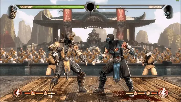 غلاف لعبة Mortal Kombat 9 يضم شخصيات شهيرة في مشهد معركة شرسة، متوفر مجانًا على الكمبيوتر الشخصي.