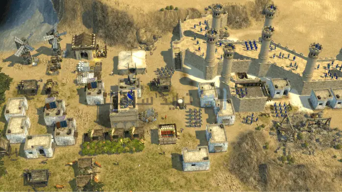 لقطة شاشة للعبة Stronghold Crusader 2، والتي تتميز ببناء القلعة في العصور الوسطى ومشاهد المعارك الإستراتيجية.