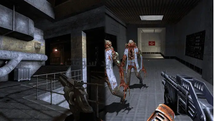 لقطة شاشةتحميل لعبة Half Life للكمبيوتر الشخصي، تظهر فيها شخصية في بيئة صناعية مظلمة مع عناصر الخيال العلمي.