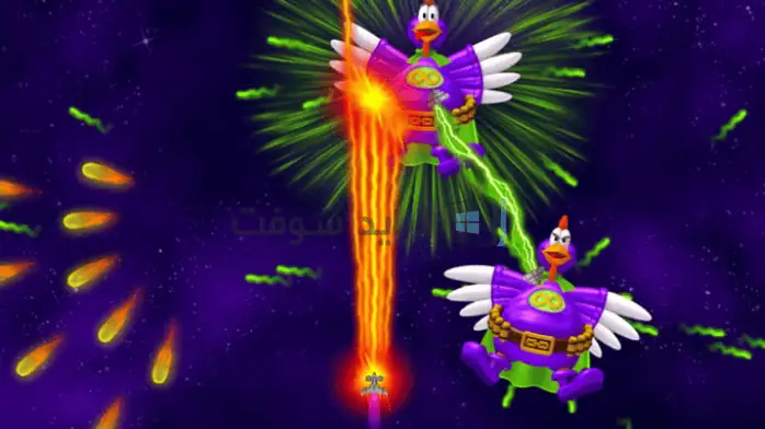 صورة توضيحية للعبة Chicken Invaders 2 على الكمبيوتر الشخصي، تسلط الضوء على رسوماتها الديناميكية وعناصرها التفاعلية في بيئة ذات طابع فضائي.