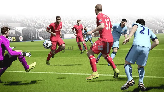 غلاف لعبة FIFA 2015 يتميز برسومات نابضة بالحياة ولاعبي كرة القدم أثناء اللعب، وهو متاح مجانًا على الكمبيوتر الشخصي.
