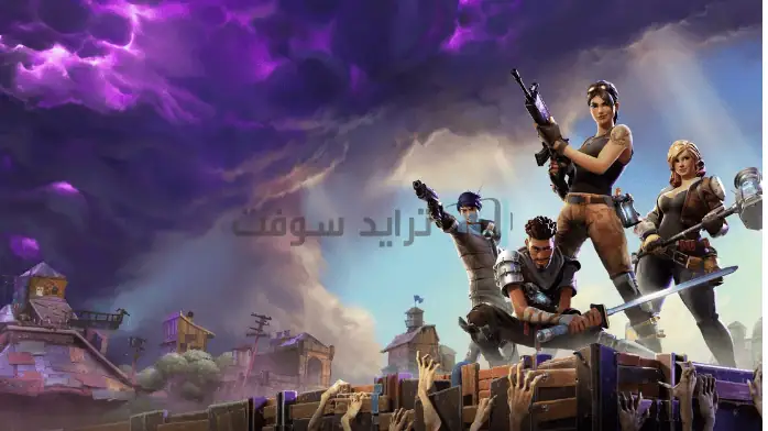 مشهد نابض بالحياةتحميل لعبة فورت نايت للكمبيوتر ، يعرض شخصيات أثناء العمل وسط بيئة معركة ديناميكية ملونة.