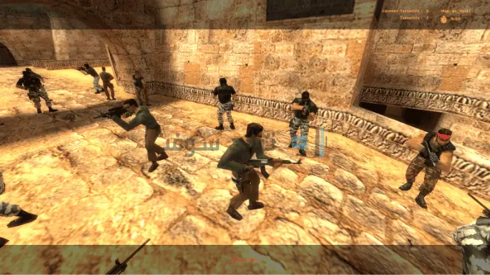 لقطة شاشة من طريقة اللعب في تحميل لعبة كونترا سترايك 1.6 تظهر اللاعبين في بيئة إطلاق نار تكتيكية برسومات مفصلة.