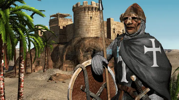 لقطة شاشة للعبة Stronghold Crusader على الكمبيوتر الشخصي، تعرض بناء القلعة في العصور الوسطى وأسلوب اللعب الحربي الاستراتيجي.