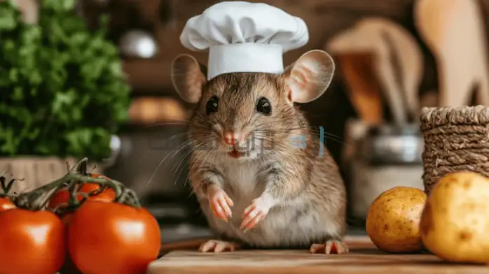 شخصية فأر غريبة الأطوار ترتدي زي طاهٍ، وجاهزة للطهي في مطبخ ملون للعبة كمبيوتر.