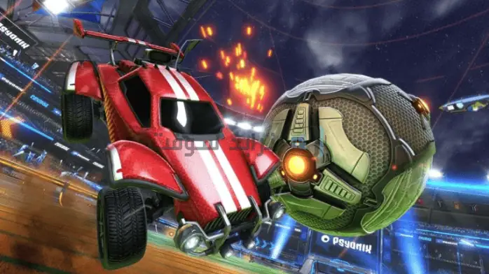لقطة شاشة للعبة Rocket League على الكمبيوتر الشخصي، تظهر فيها سيارات تلعب كرة القدم في ساحة نابضة بالحياة ذات رسومات ملونة.