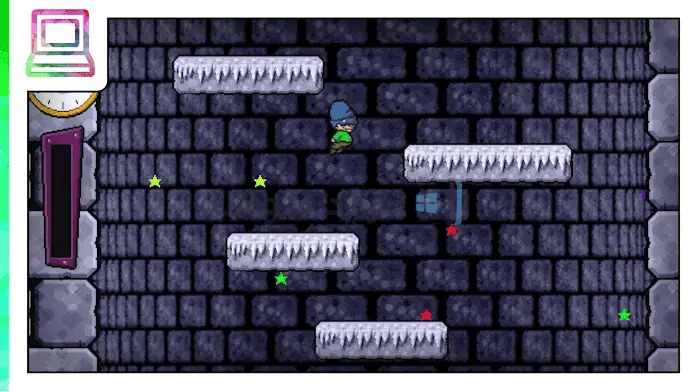 لقطة شاشة لـ Icy Tower، تُظهر شخصية تقفز بين المنصات الجليدية في بيئة ملونة ومُكوّنة من وحدات بكسل.