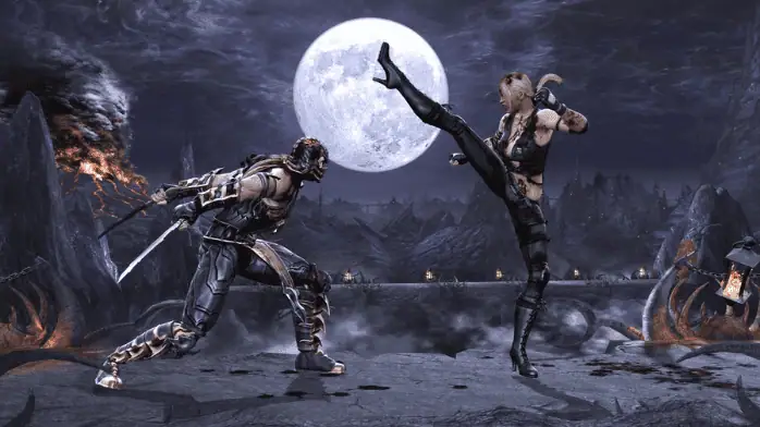 غلاف لعبة Mortal Kombat 9 يضم شخصيات مميزة في وضعية قتال ديناميكية مع خلفية مظلمة ومكثفة.