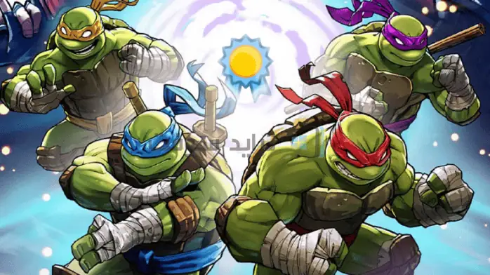 فن الغلاف للعبة الفيديو Teenage Mutant Ninja Turtles 5 للكمبيوتر الشخصي، يظهر السلاحف الأربعة في وضعيات الحركة على خلفية المدينة.
