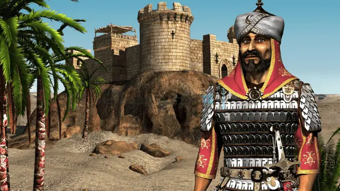 صورة من Stronghold Crusader، تُظهر مناظر طبيعية من العصور الوسطى مع القلاع والقوات المشاركة في المعركة.