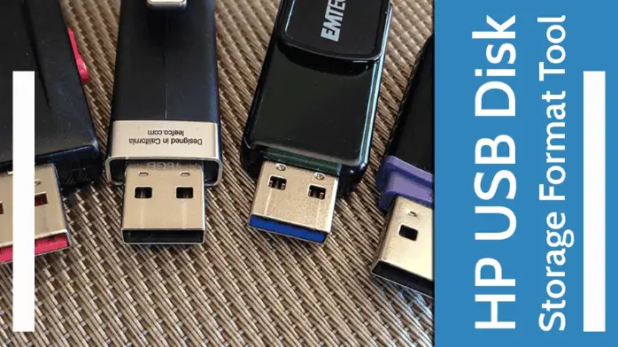 يتم عرض واجهة أداة تنسيق تخزين قرص USB من HP على شاشة الكمبيوتر الشخصي، مع عرض خيارات التنسيق لمحركات أقراص USB.