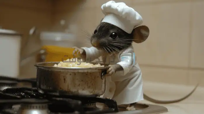 شخصية فأر غريبة الأطوار ترتدي زي طاهٍ، وتحمل ملعقة مسطحة، وجاهزة للطهي في مطبخ ملون.