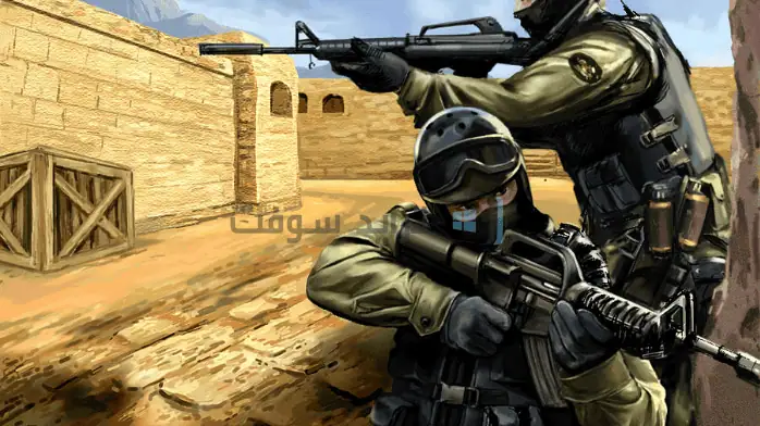 قم بتنزيل Counter Strike 1.6 مجانًا للكمبيوتر الشخصي، والذي يعرض شعار اللعبة الشهير ومشاهد اللعب المليئة بالإثارة.