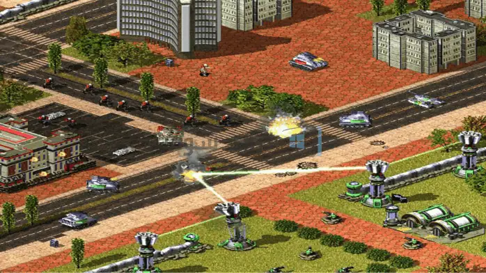 غلاف لعبة Red Alert 2: Yuri's Revenge للكمبيوتر الشخصي، يتميز بوحدات عسكرية ومشهد ساحة معركة مستقبلي.