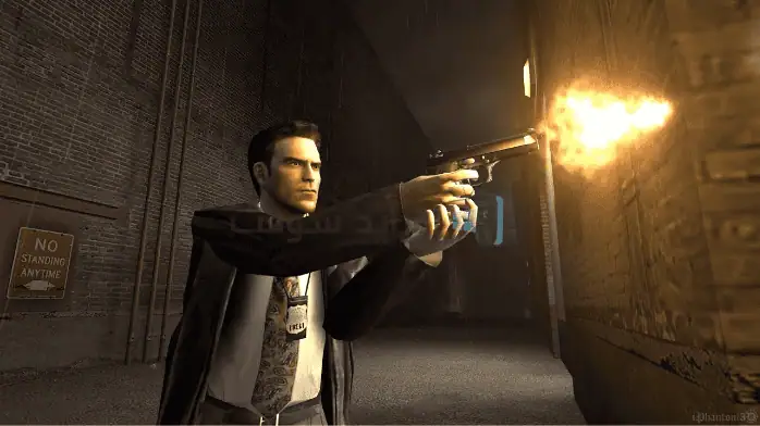 مشهد من فيلم تحميل Max Payne 2 يظهر بطل الرواية في وضعية إطلاق نار ديناميكية، محاطًا بإضاءة درامية وحركة.